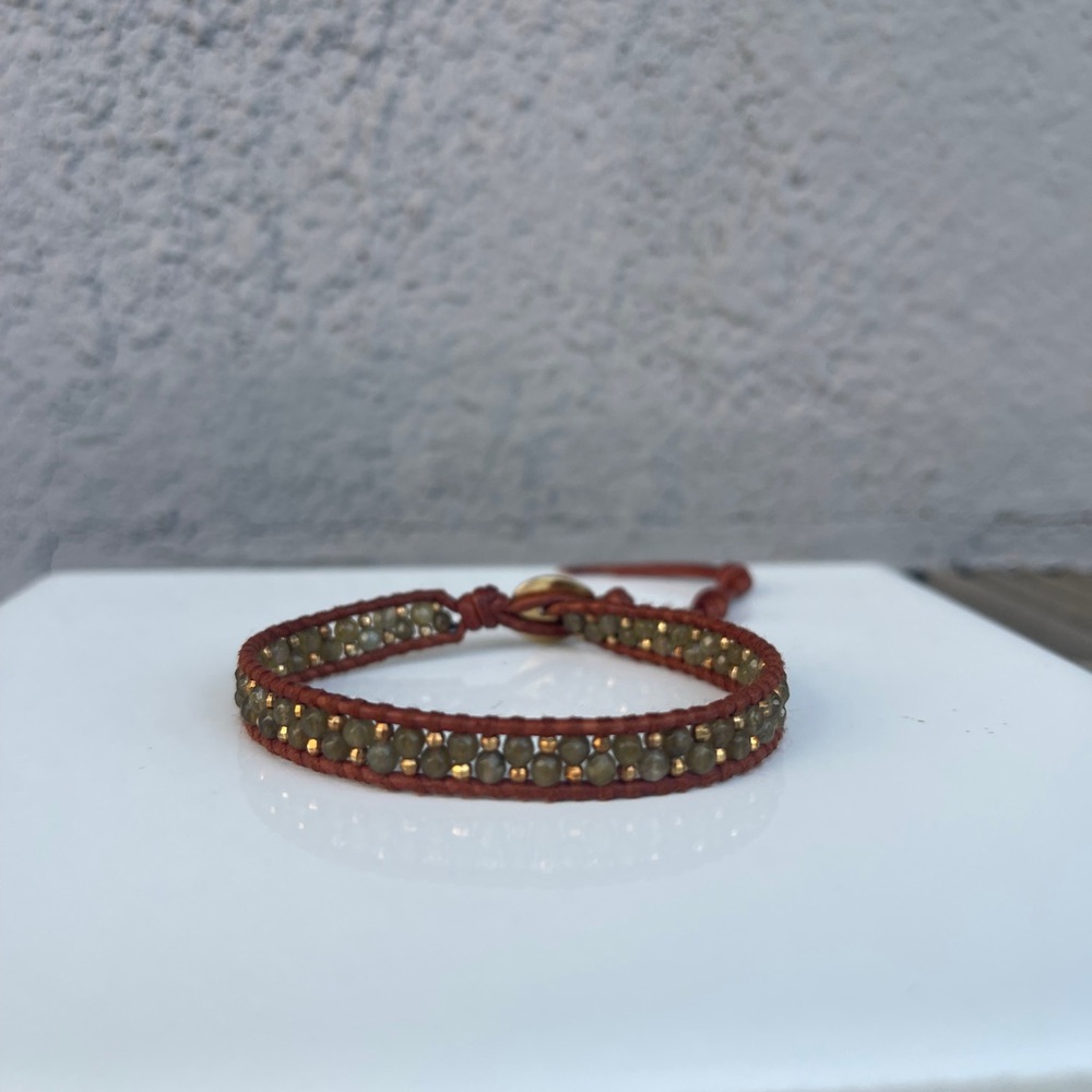 Brown Leather Wrap Bracelet with Beaded Detail